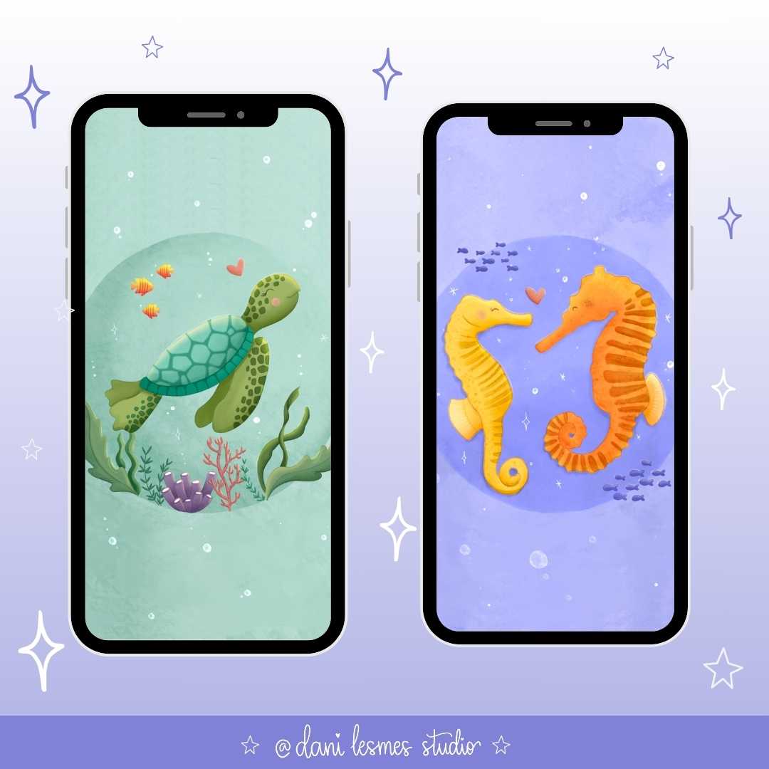 🐢 Sea Turtle and Sea Horses Digital Phone Wallpapers