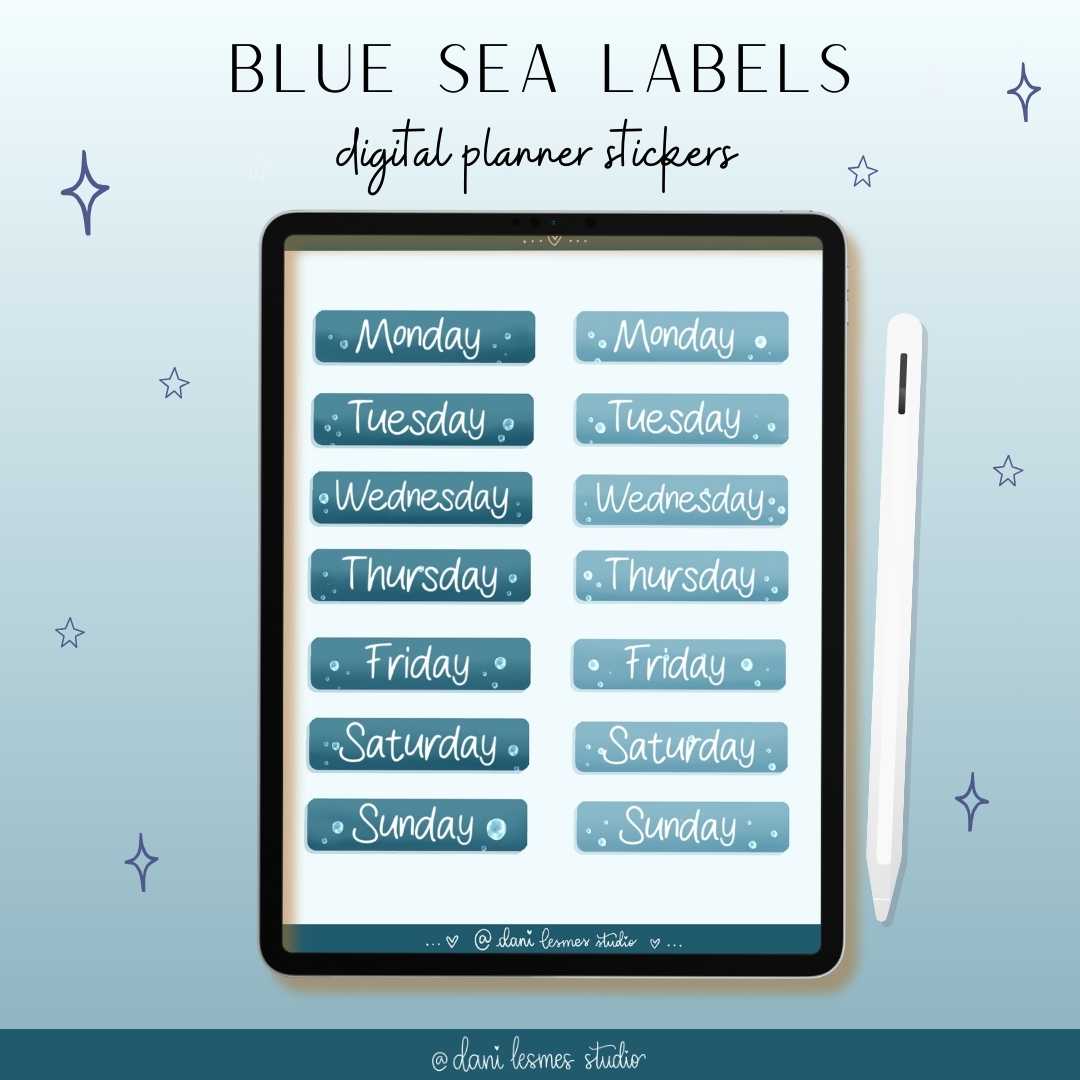 Blue Sea Weekdays and Months Digital Stickers